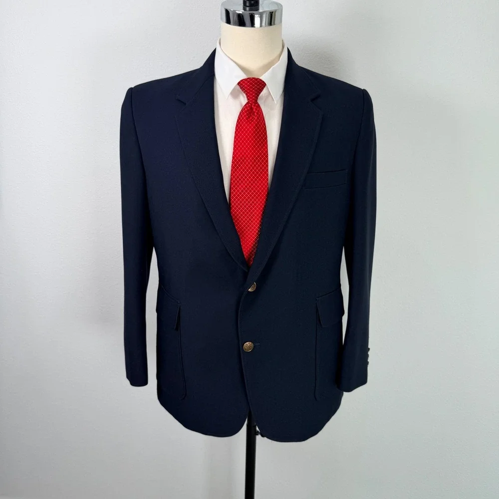 Vintage Haggar Mens Navy Blue Two Button Blazer Sport Coat Jacket 44S Washable